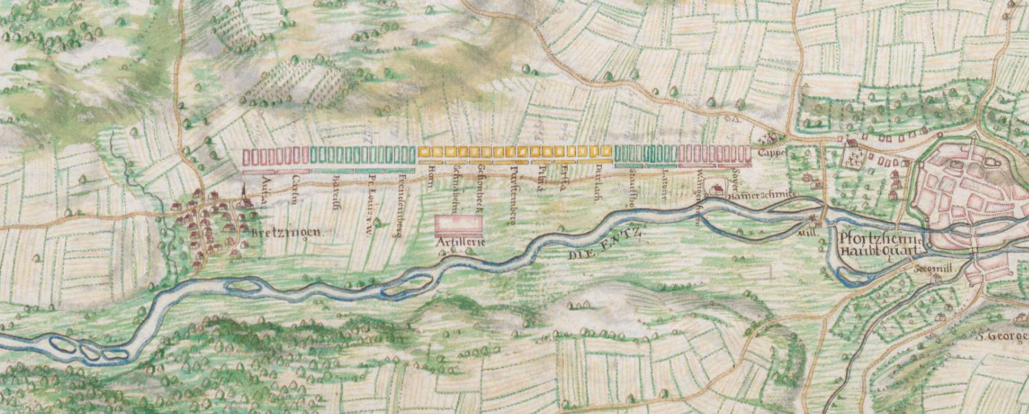 Truppenstellung der Reichsarmee entlang der Enz, zwischen Brötzingen und Pforzheim, im Oktober 1695